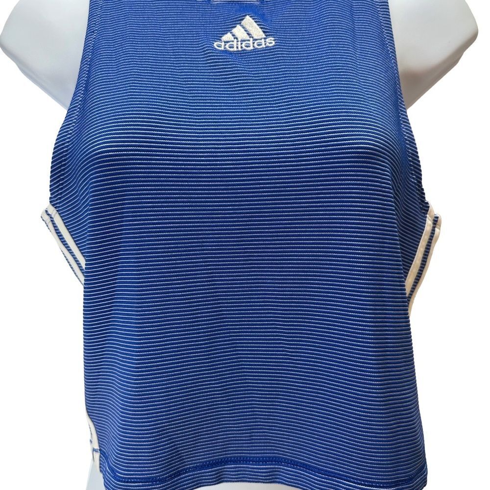Adidas Blue and White Striped Zippable Ribbed Crop Top Size L - Picture 3 of 9